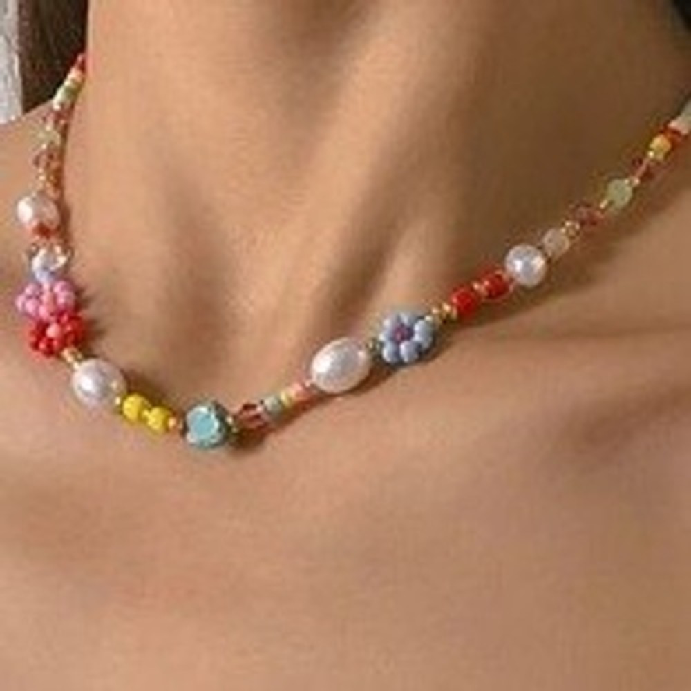 Beaded Necklace Colorful Flower Pearl Accent Trendy Funkycore Y2K - Picture 2 of 4